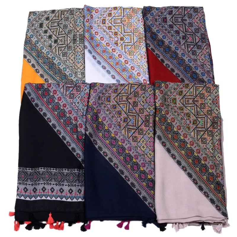

Ethnic Style Pendants Tassel Muslim Scarves Women Shawls Large Diamond Print Twill Cotton Pashmina Geometric Headscarf 180x90cm