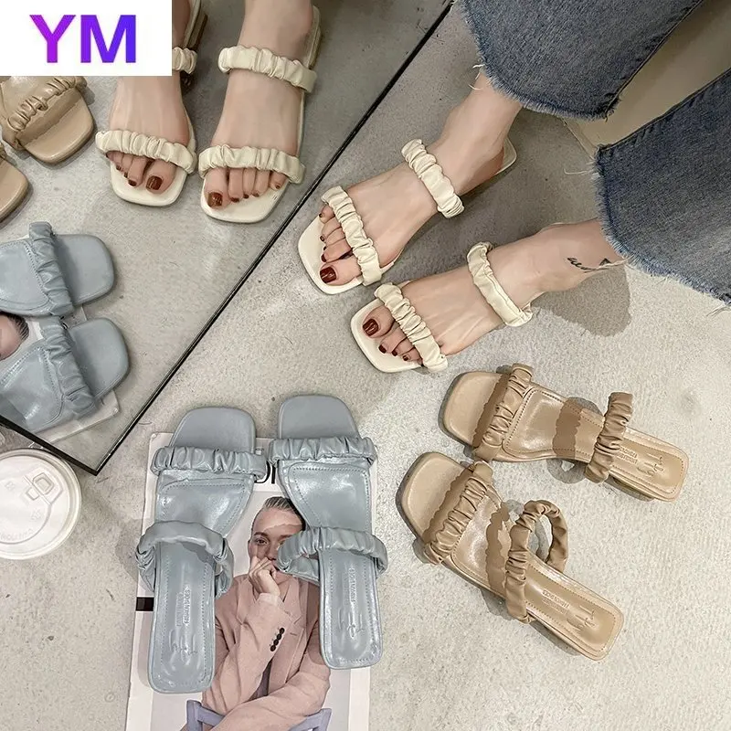 

Босоножки женские плиссированные на платформе, модные сандалии из искусственной кожи с квадратным носком, бежевые, хаки, голубые, весна-лет...