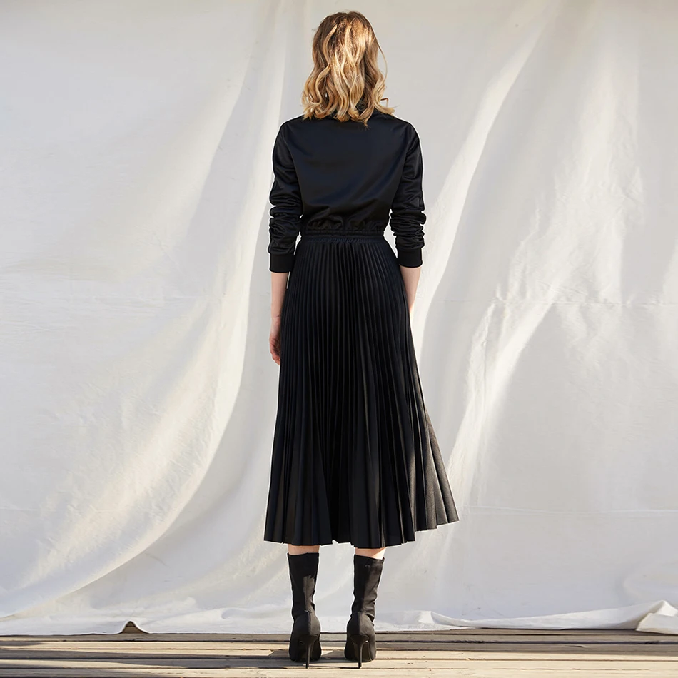 Latest women's spring pleated dress black office elegant long-sleeved stand collar celebrity party Vestidos | Женская одежда