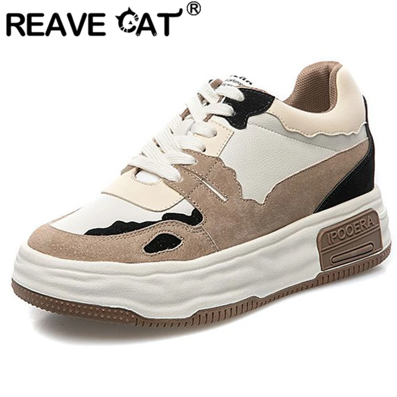

REAVE CAT Students Running Shoes Round Toe Increased Heels Cow Split Lace-up Splice Size 32-40 Mix Color Blue Khaki Spring S2931