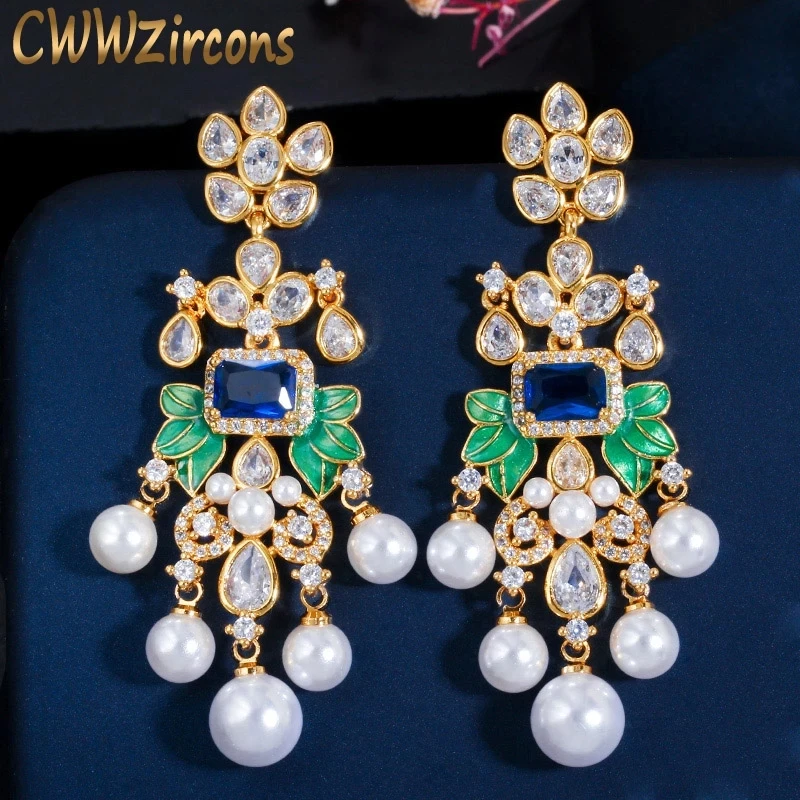 CWWZircons Flowers Cubic Zircon CZ Long Dangle Pearl Earrings for Women African Bridal Earring aretes de mujer modernos CZ656