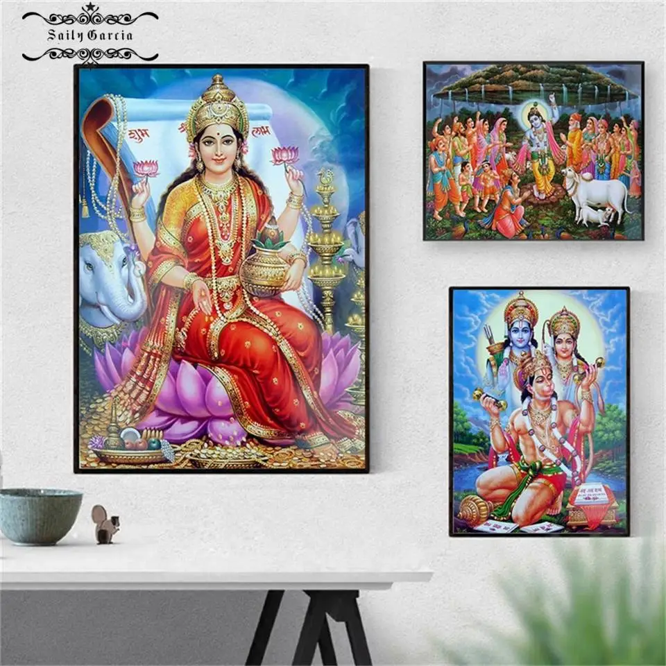Индийская религия плакаты Shri Lakshmi Devi Saraswati Ganesh холст картины Будда настенные