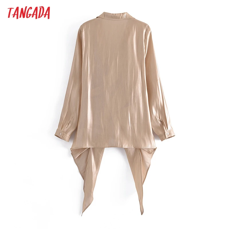 

Tangada Women Vintage Cross Satin Shirt Long Sleeve 2021 Chic Female Casual Designer Shirt 3W171