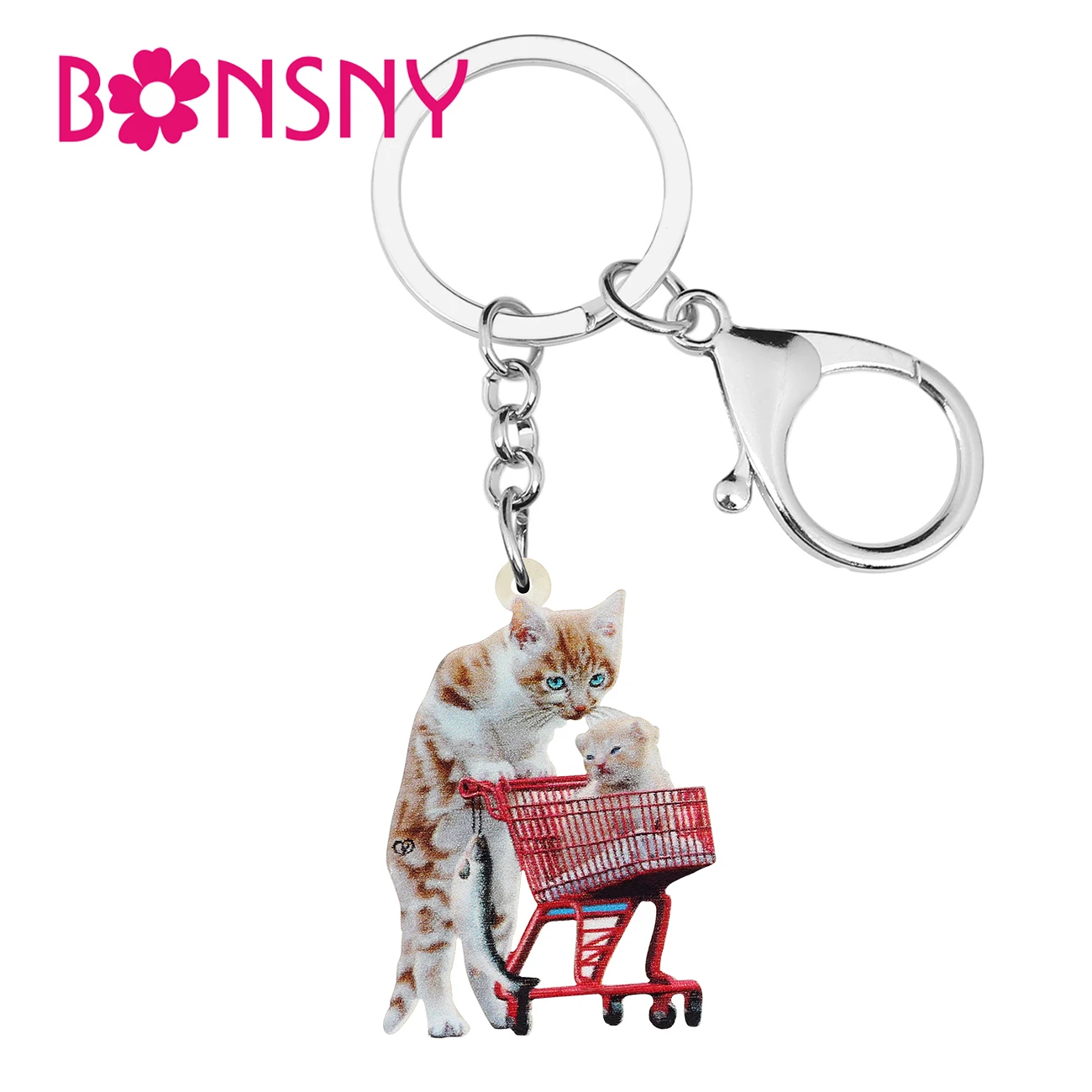 

BONSNY Acrylic Cute Cat Kitten Shopping Car Keychains Ring Fashion Purse Key Chain Charms Jewelry For Women Girls Party Gifts