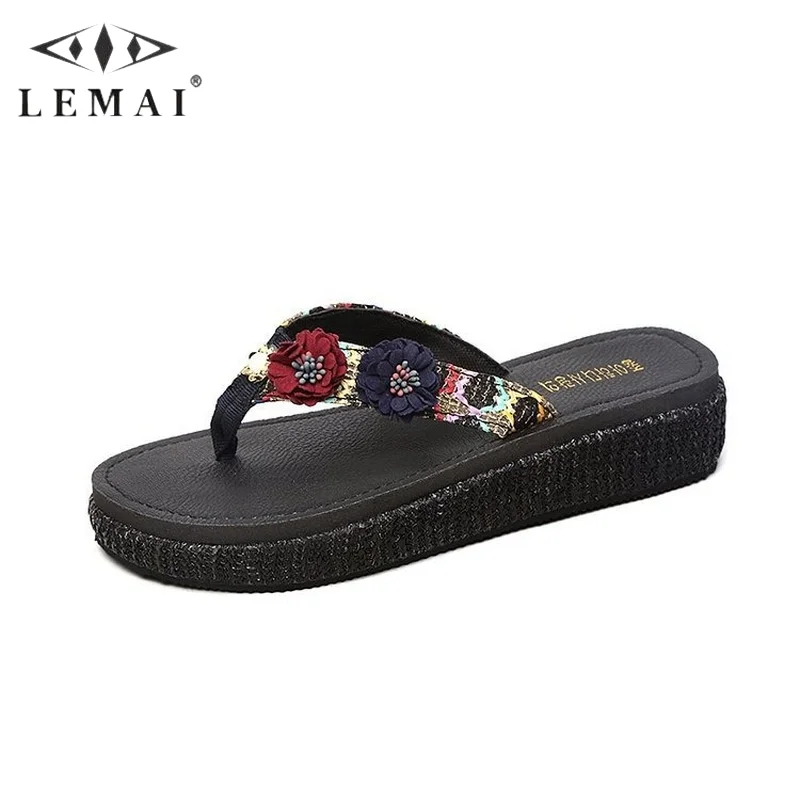 

Сандалии женские с цветочным принтом, богемные Модные дышащие удобные тапочки на танкетке, летние шлепанцы