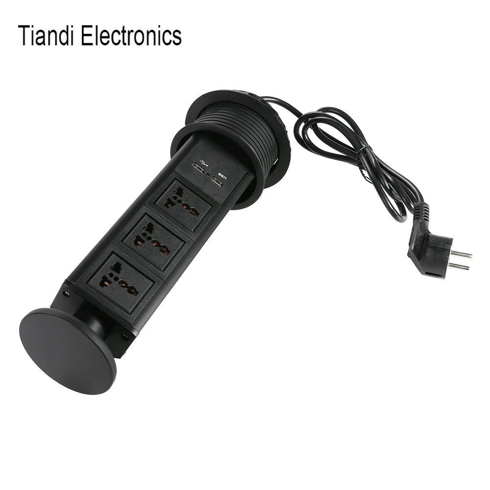 Black Hidden Tower Socket 3-digit Universal Power Pull-out Home Office Outlet Cable Wire EU Plug With USB Charge Can Custom Jack