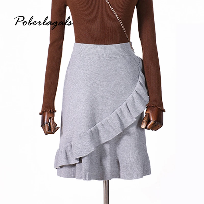 Autumn winter women knitting skirt Womens lady knit Retro Grey Irregular ruffled pleated A-line hip Skirt female skirts