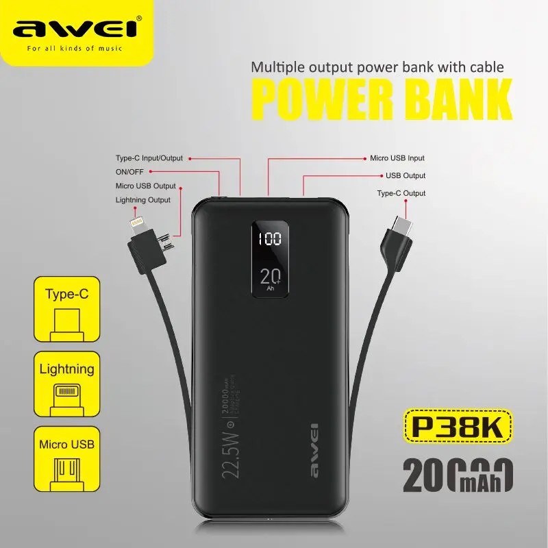 AWEI P38K 22 5 Вт 20000mAh повербанк для телефона зарядка на айфон быстрая Портативный