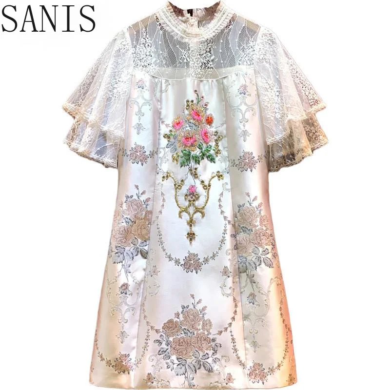

Sanis Runway Designer Spring Summer Dress Women's Elegant Lace Butterfly Sleeve Patchwork Beaded Print Jacquard A Line Dress