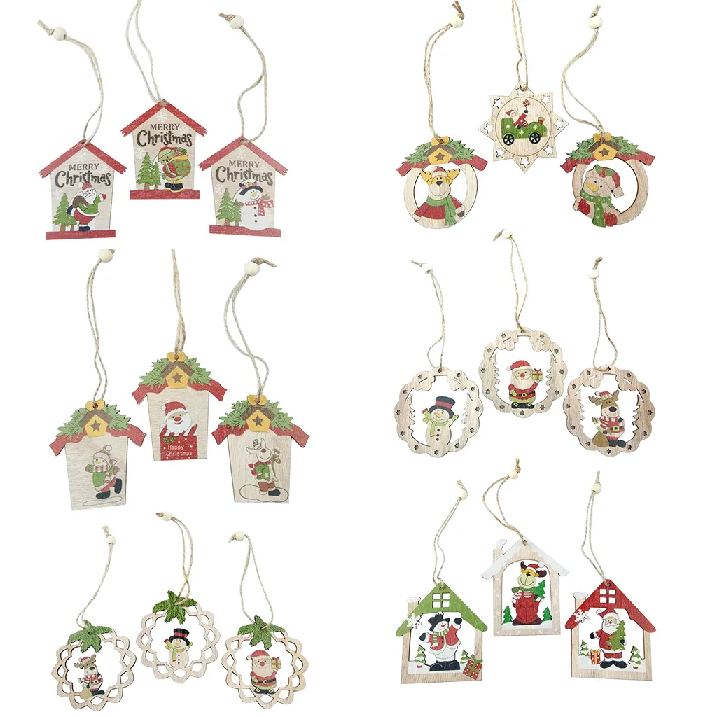 

3Pcs Christmas Tree Wooden Hanging Ornament Snowman Santa Claus Wooden Slice Crafts Navidad Gifts Christmas Party Decor Supplies