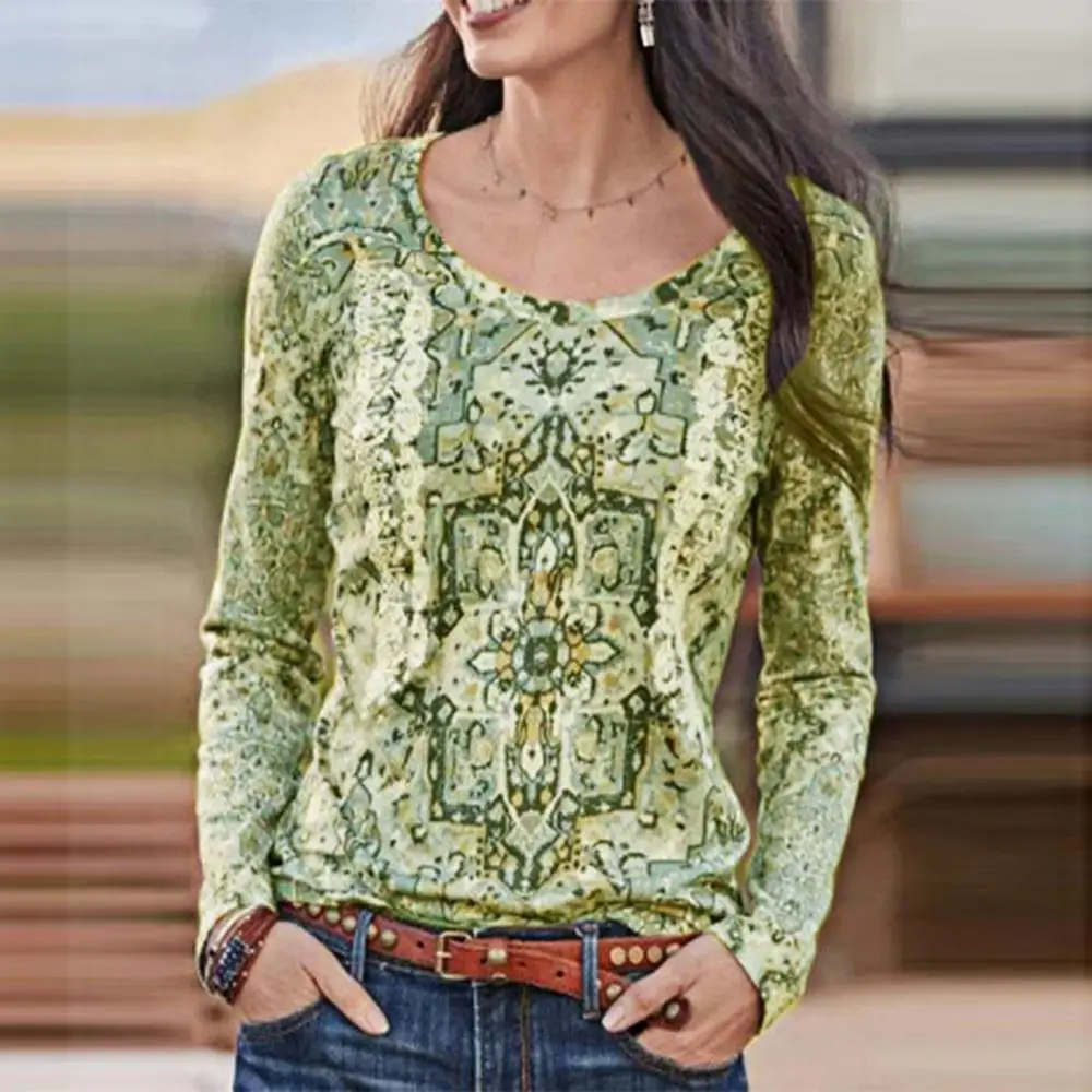 

Round Neck Casual Soft Tops Pullover Loose Top Long Sleeve Blouses Woman Shirts Ethnic Pattern Retro Sweatshirt Autumn 4 Colors