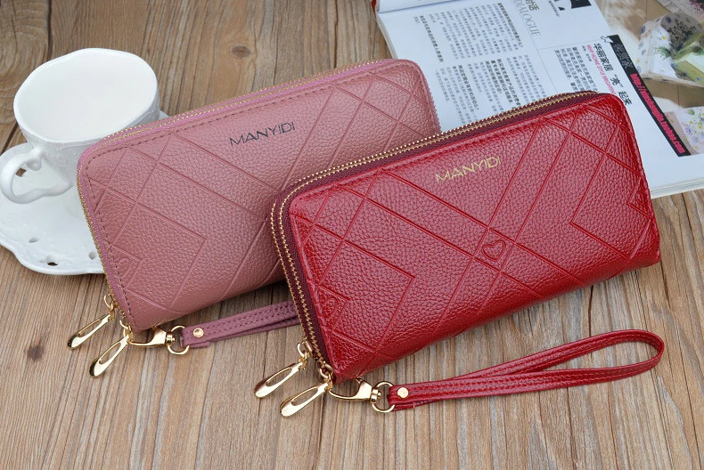 aliwood New Double Zipper Layer Large Capacity Long Women's Wallet Clutch Embossing Purses Phone Pocket Card Holder Coin Purse