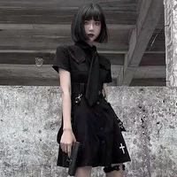 japanese women black gothic lolita dress victorian renaissance retro chic punk style puff sleeve bandage mini dress girl dresses