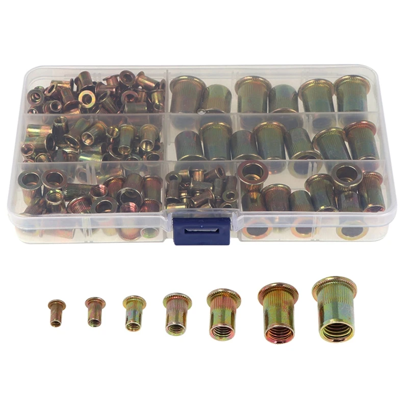 

166 Pcs Color-Plated Zinc Flat Head Vertical Grain Nut Set Open End Threaded Nutsert Insert Kit Multipurpose Power Tools