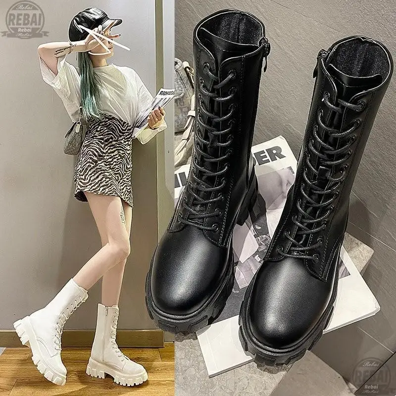 

Winter Gothic Punk Womens Platform Boots Black Buckle Strap Zipper Creeper Wedges Shoes Mid Calf Military Combat Botas Altas