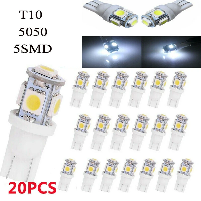 

20 шт супер белый T10 Клин 5-SMD 5050 Светодиодный Светильник лампы W5W 2825 158 192 168 194