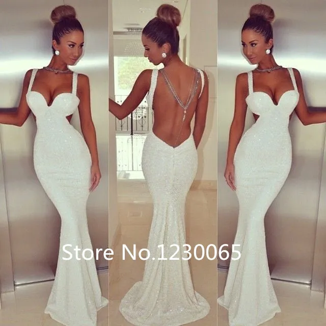 

New Spaghetti straps sweetheart Open Back Sequined Mermaid Long Prom Dress Shining Special Occasion Dresses White Evening Dress