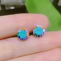 fashion 925 silver needle earring round simulated paraiba tourmaline stud earring for women jewelry for wedding anniversary gift