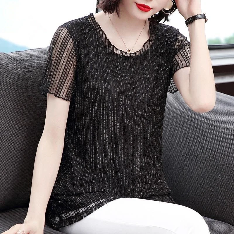 

Летний женский сексуальный прозрачный сетчатый топ, женские футболки с коротким рукавом, прозрачная блестящая Элегантная футболка, модные ...