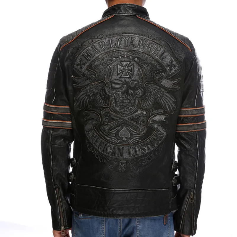 

Embroidery skulls pattern vintage cowhide motorcycle Punk style adjustable waist contrast color sleeve leather jacket men
