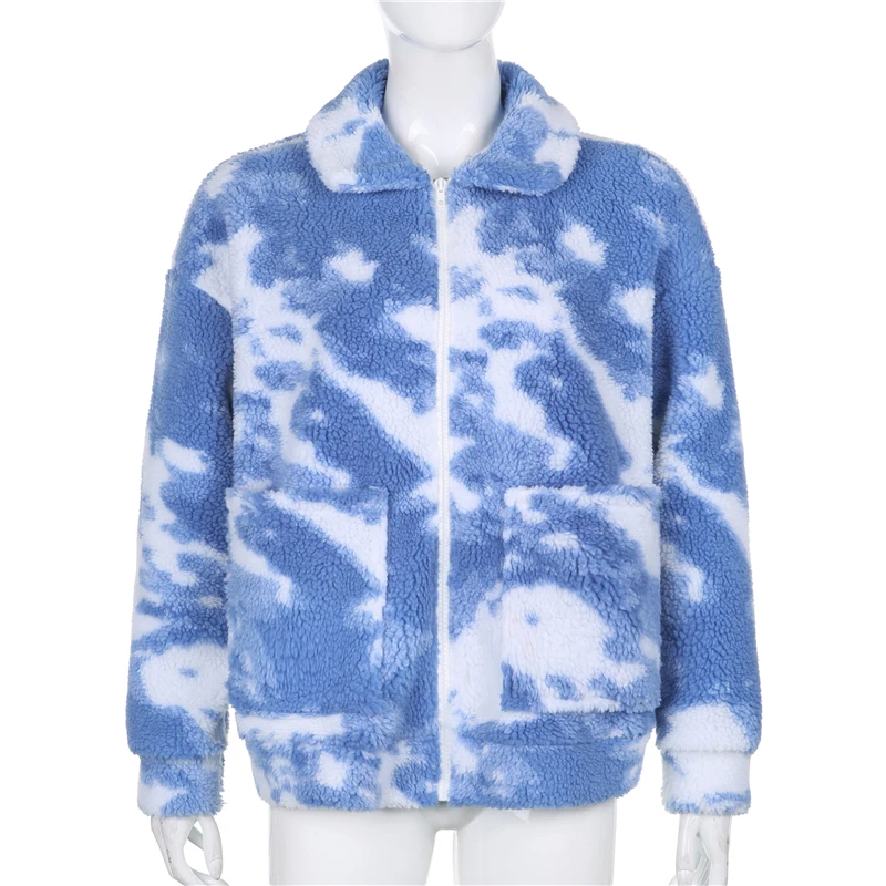 

Winter Tie Dye Print Lambswool Jackets for Women Vintage Harajuku Faux Fleece Coats Oversized Casual Jackets Francais Harajuku