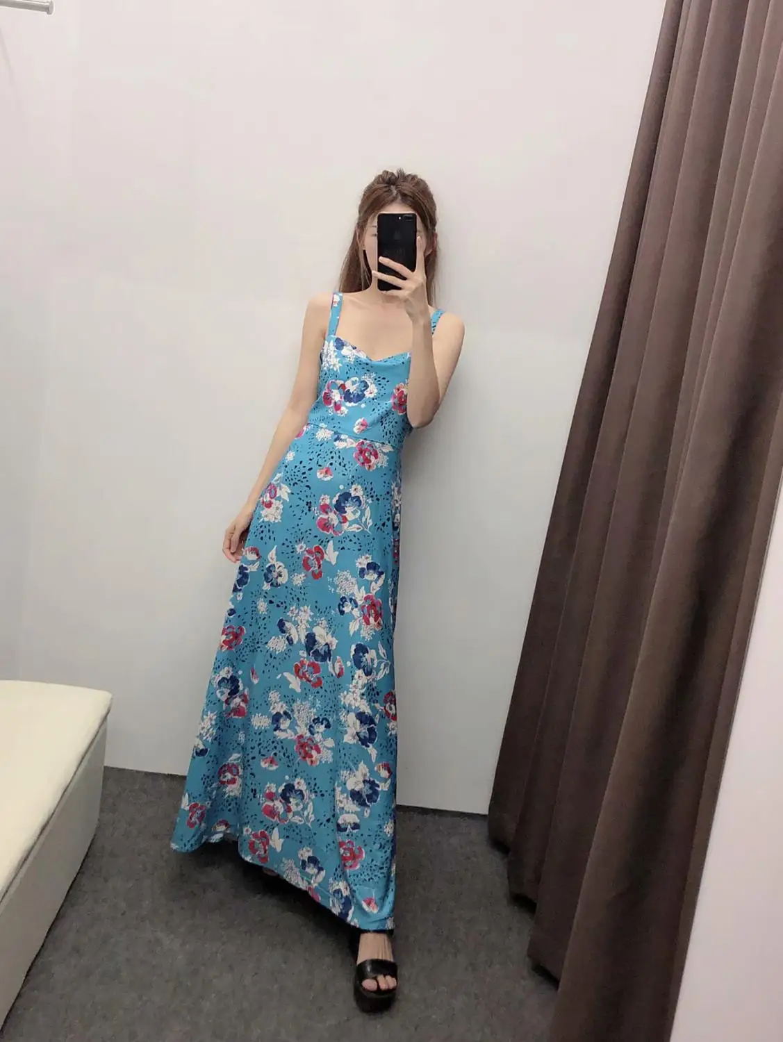 ZA Новое весеннее женское синее Цветочное платье с тонкими бретельками до