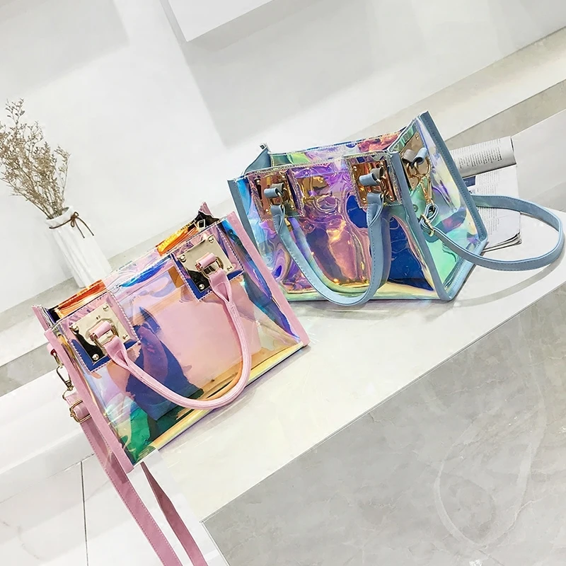 

INS popular small bag this year 2021 new trendy messenger female bag laser hand single shoulder transparent jelly summer handbag