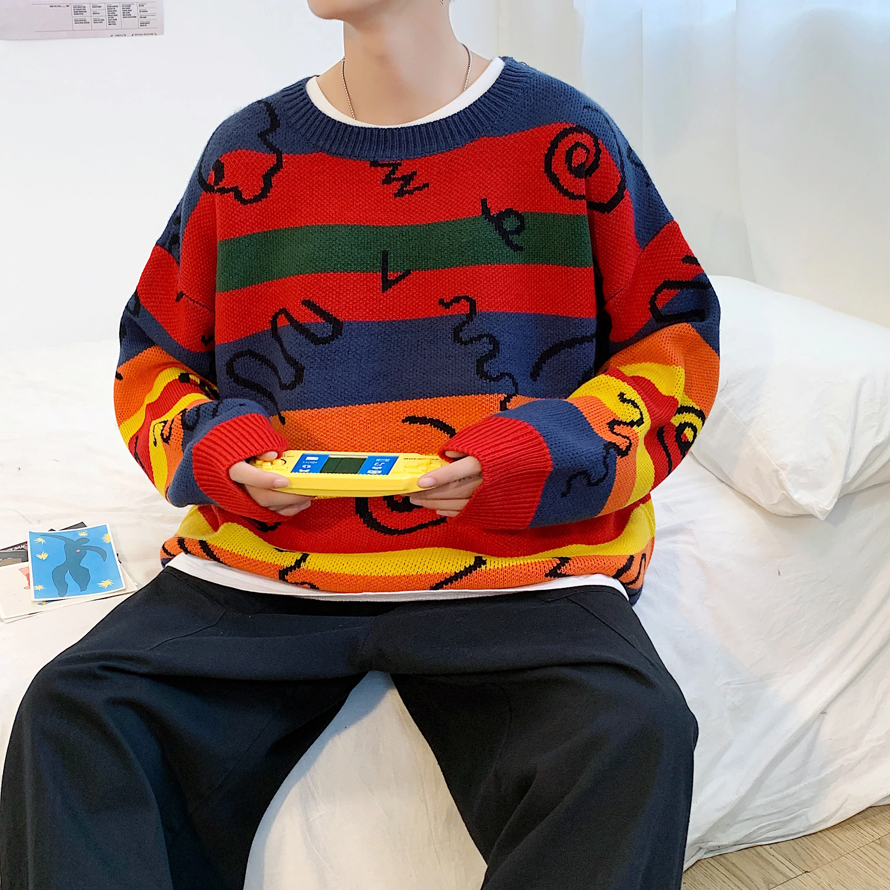 

ZAZOMDE Winter Harajuku Men Oversized Sweater Flame Knitting Casual Loose Pullover 2020 New Japan Style Hip Hop Male Cold Unisex