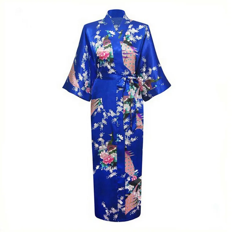 

Royal Blue Young Lady V-neck Peacock Kimono Gown Half Sleeve Softy Long Wedding Robe Loose Casual Intimate Lingerie Negligee