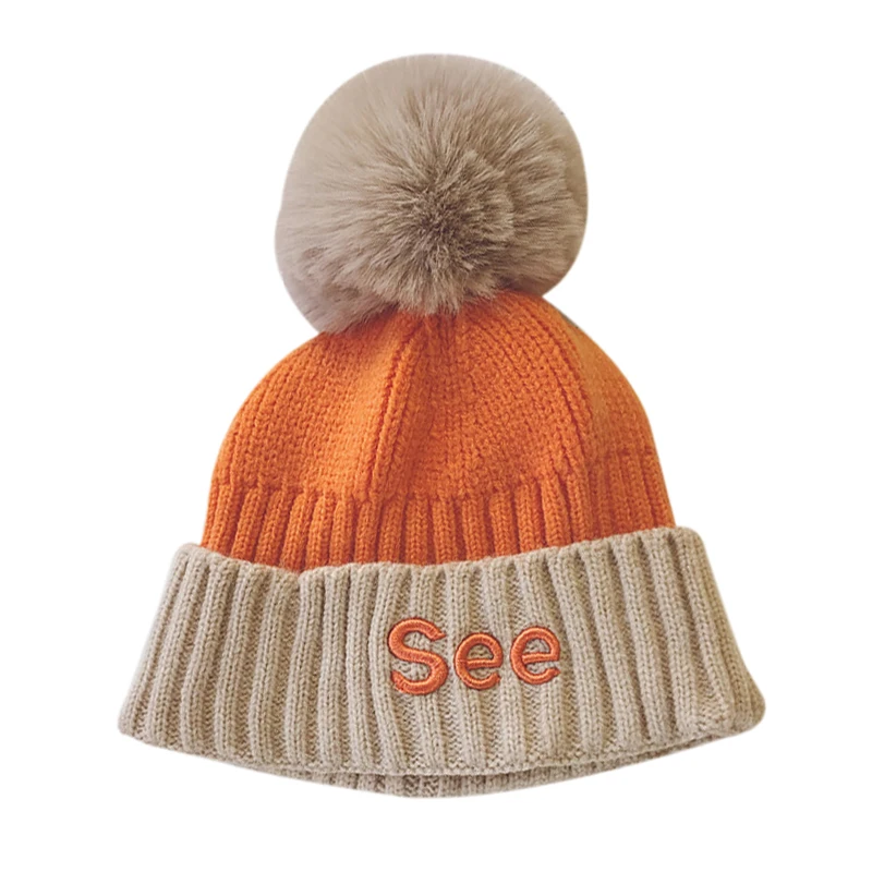 

Winter Newborn Cute Warm Kids Girls Boys Baby Plush Ball Design Patchwork Color Hats Knitted Hemming Caps