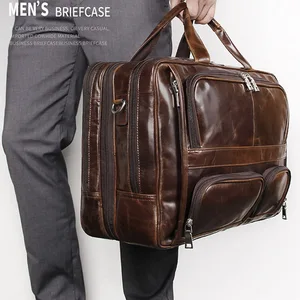 Мужской портфель из натуральной кожи коричневый двойной PC карманы 17 