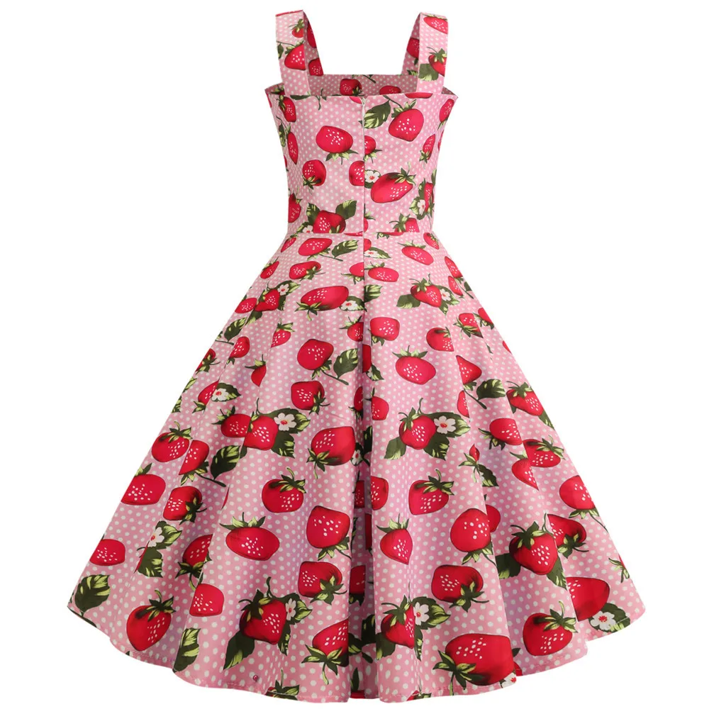 

Strawberry Print Strapless Summer Dresses Women 50S 60S Robe Vintage Pinup Retro Party Rockabilly Dress 2021 Vestidos Elegant