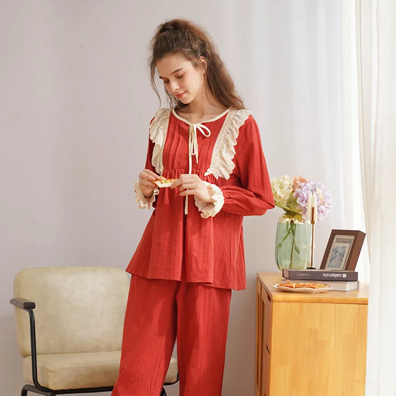 

Long Sleeve Nightwear Set For Women Autumn Winter Soft Cotton Pajamas Sweet Princess Sleepwear Home Wear Pijamas For Female