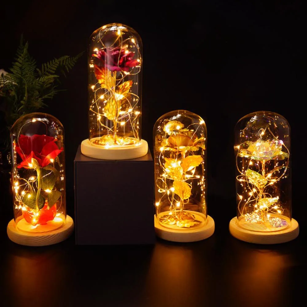 

Beauty Rose Gold-plated 24K Rose Flower LED Light String Gift Gold Leaf Roses in a Glass Dome Glass Cover