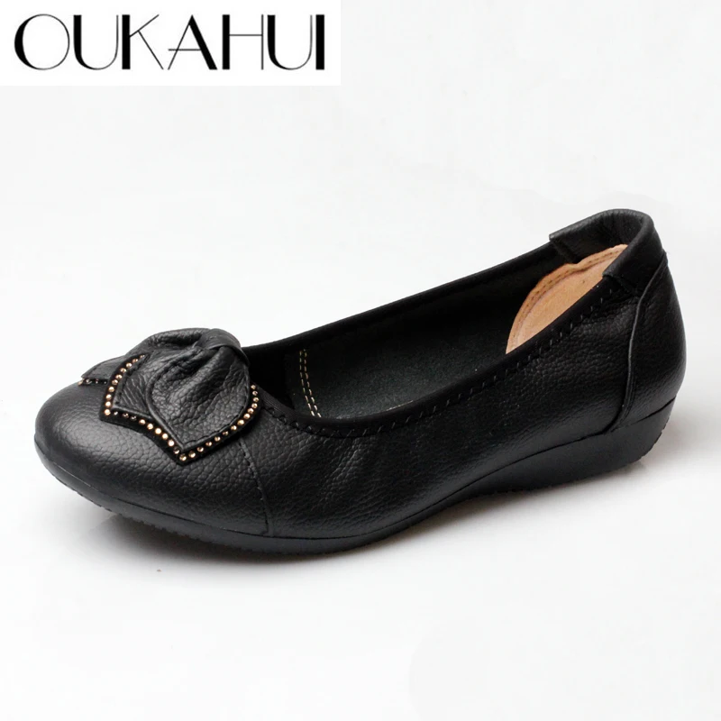 

OUKAHUI Spring Autumn Genuine Leather Ladies Ballet Flats Women Shoes Bowknot Crystal Shallow Low Heel Leather Slip-On Shoes