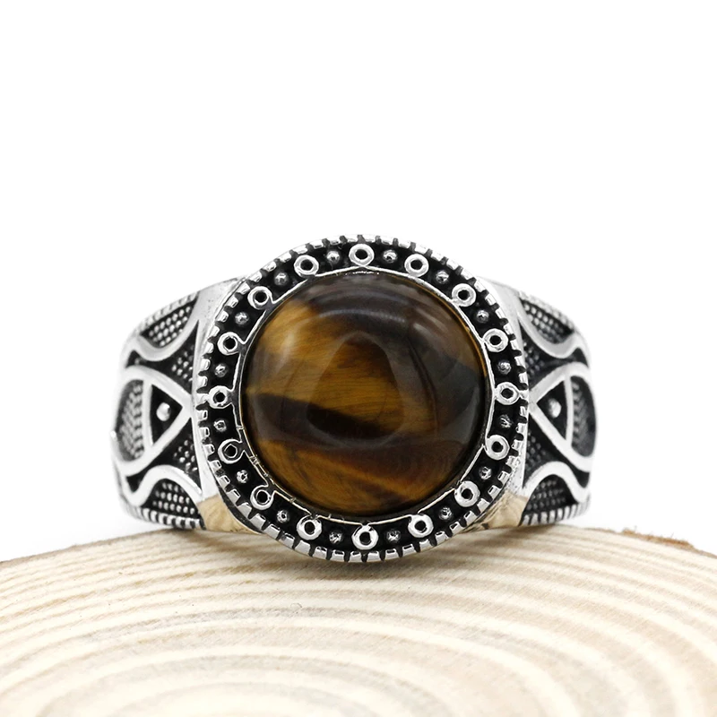 Реальные чистые 925 стерлинговое серебро древние турецкие кольца для мужчин с камнем Tiger Eyes Onyx, красочные украшения Punk Rock.