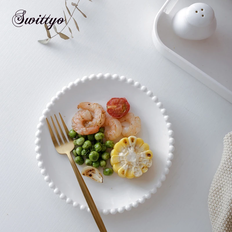 Симпатичная Белая Круглая Керамическая десертная тарелка 6/8 дюймов с жемчужным