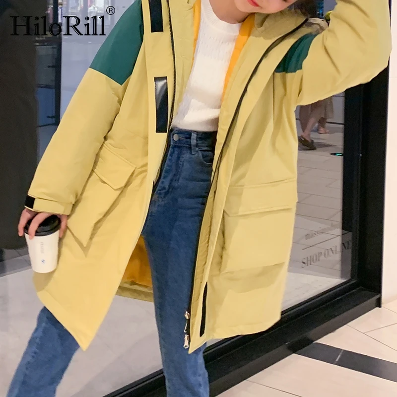 

HiloRill Casual Patchwork Parkas Women Long Sleeve Loose Thick Warm Long Coats Female Zipper Pocket Hooded Jacket Ropa Mujer
