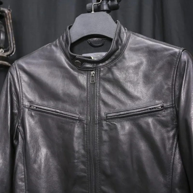 

Autumn Solid Simple Classic Stand Collar Moto Biker Jacket Men Genuine Leather Slim Fit Long Sleeve Casual Sheepskin Coat Male