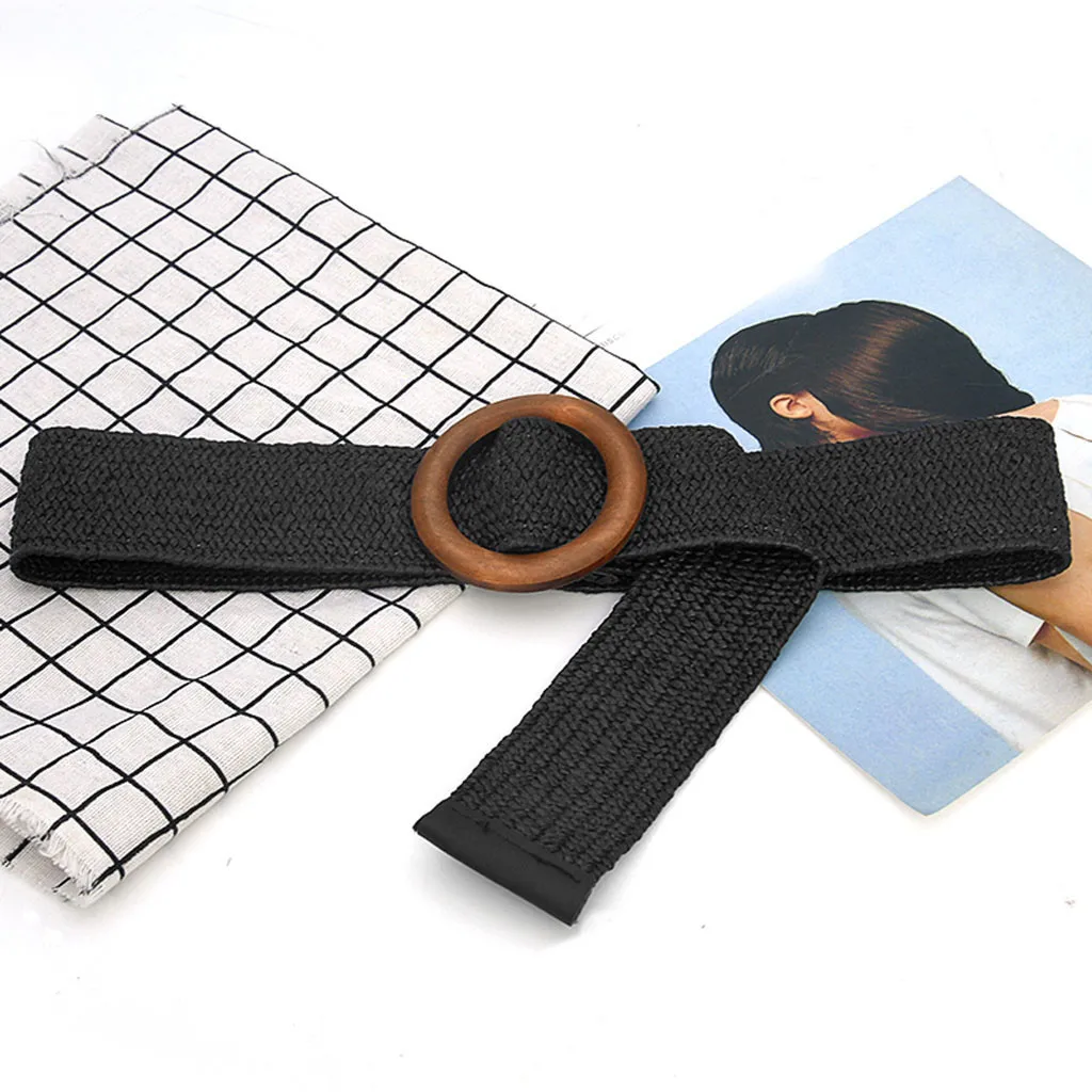 

Vintage Boho Braided Waist Belt Summer Solid Female Belt Round Wooden Smooth Buckle Fake Straw Wide Belts For Women Hot Sale#P30