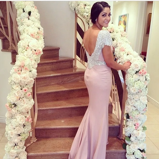 Luxury Crystal Beaded Mermaid Honor Of Maid Dresses 2019 Sexy Backless Elastic Prom Gowns Long Bridesmaid Dress Formal | Свадьбы и