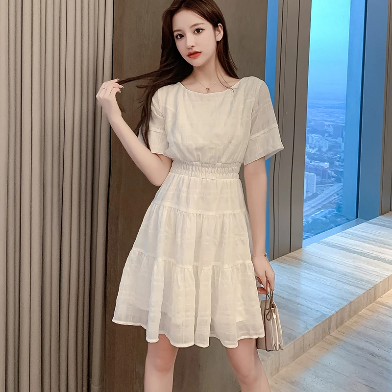 

Make summer new short sleeve chiffon dress female small waist show thin French dress fairy