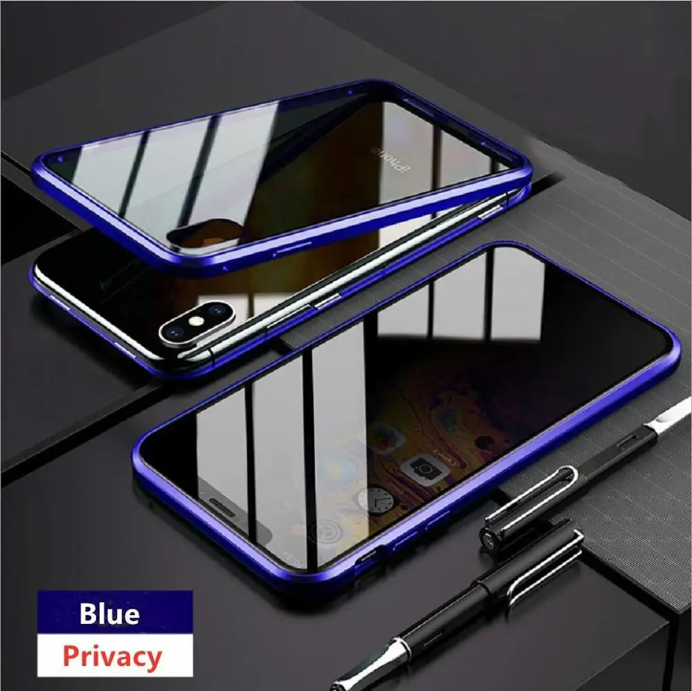 Защитный Магнитный чехол из закаленного стекла для iPhone 11 Pro Max XS MAX XR X 8 7 6s 6 Plus, магнитный металлический бампер, защита от подзорья - Цвет: Blue