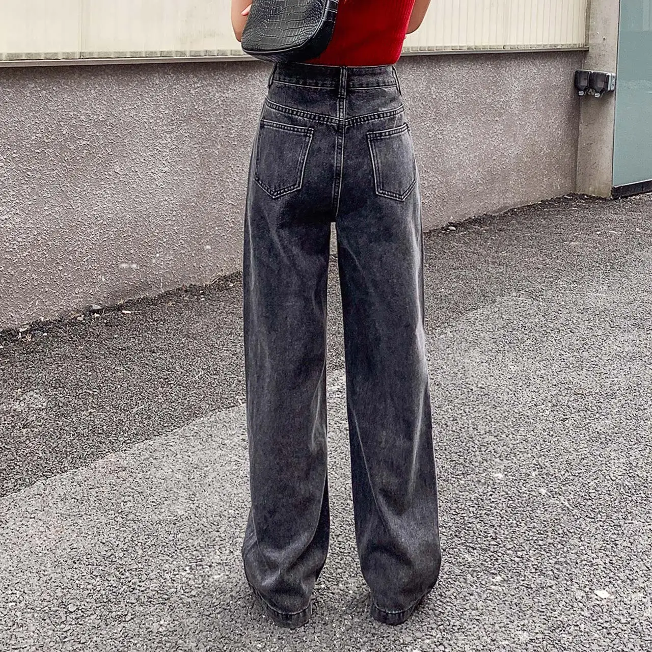 

TongSiHai Jeans Women High Waist Loose Straight Denim Pants Ladies Girls Student Grey Wide Leg Pants
