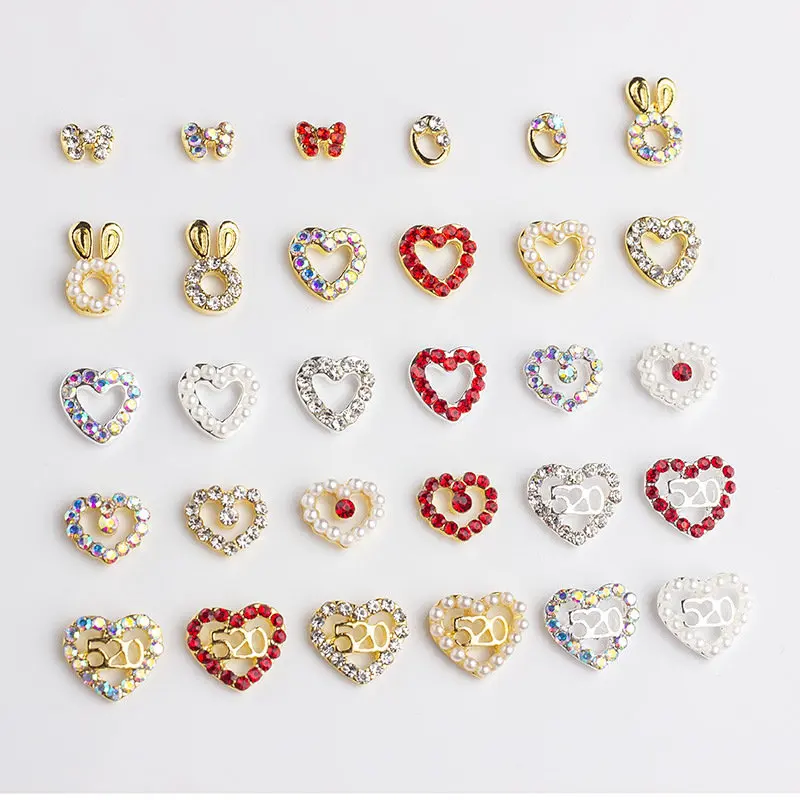 

20pcs Valentine's Day 3d alloy heart love nail art decorations supplies rhinestones pearl metal nails accessories jewelry charms