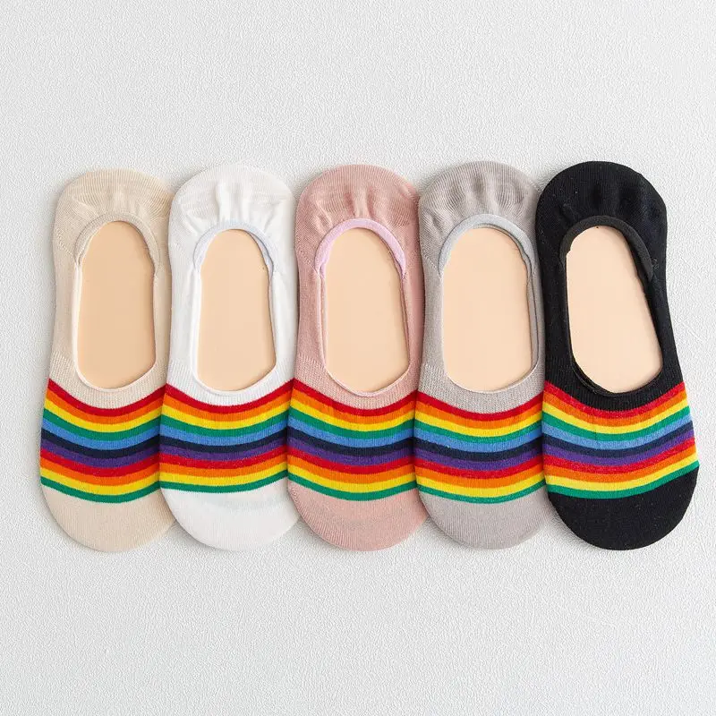 5pairs/Lot Rainbow Striped Invisible Socks Women's Fashion Casual Cotton Breathable comfortable Fashion Harajuku Funny Sox Happy