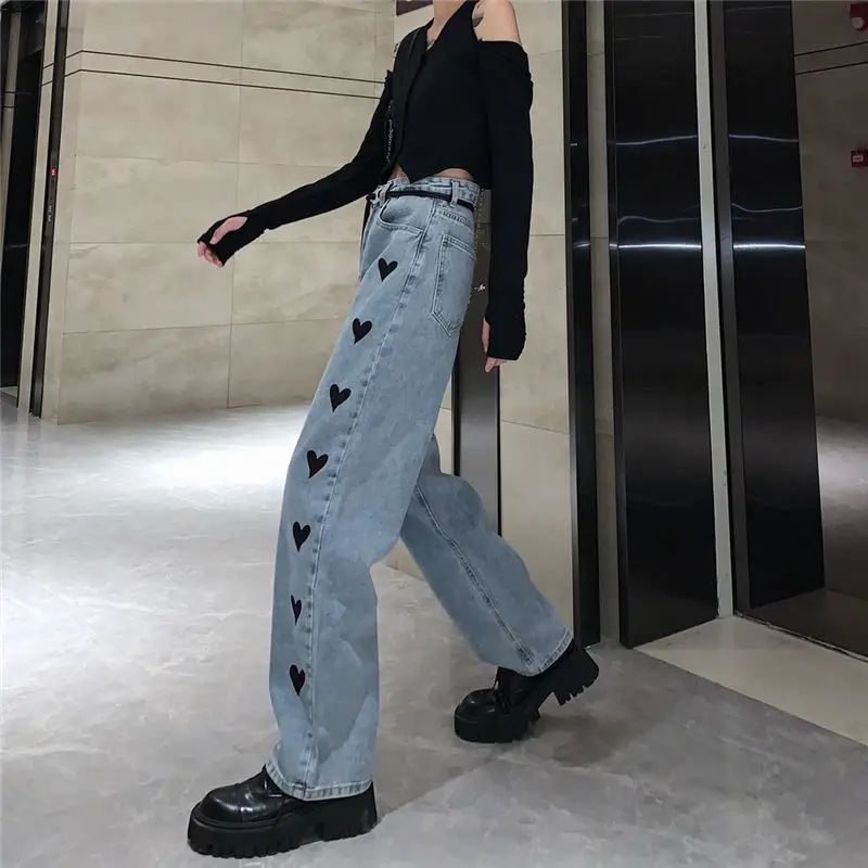 

2021 Autumn Vintage Jeans Women High Waist Love Heart Print Straight Pants Streetwear Fashion Blue Sweet Long Trousers Y159