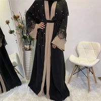 wepbel lace splicing beads kimono muslim dress fashion women ramadan wear abaya lace up muslim cardigan robe kaftan