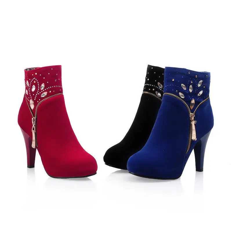 

Korean sexy head high-heeled zipper boots autumn fashion round and winter New Roman diamond women's Boots