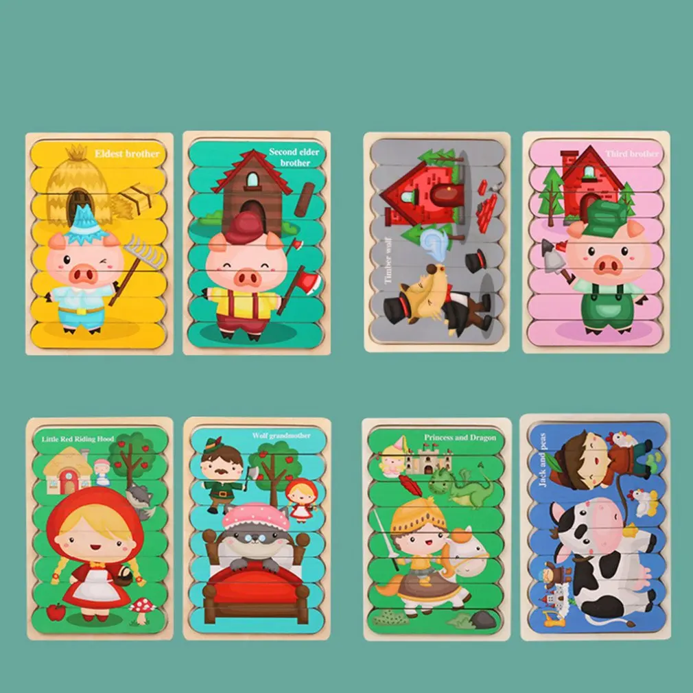 

Kids Animal 3D Wooden Puzzle Montessori Toy Double-sided Strip Puzzle Telling Story Stacking Jigsaw Educational Toy For Children